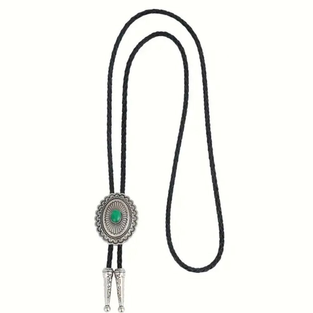 Green Stone Oval Concho Bolo Tie Mens Casual Western Cowboy Accessory New